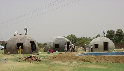 Our first 20 ft diameter domes in India. Right to left, 13 days. 7 days and 4 days to construct the shells. Built in 2005