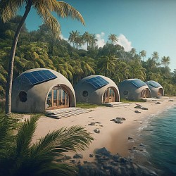 Concept for self-sustaining, eco friendly beach resort using beach sand, seawater, PPC & basalt fiber